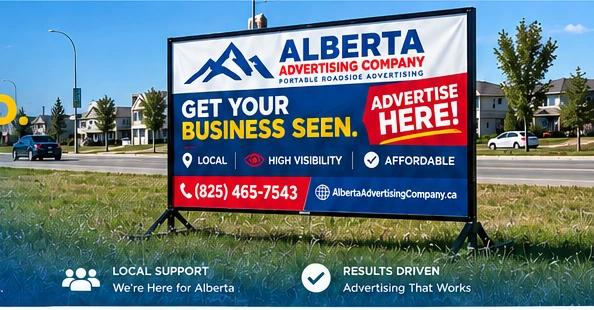 Portable Alberta Advertising Company roadside sign in Airdrie